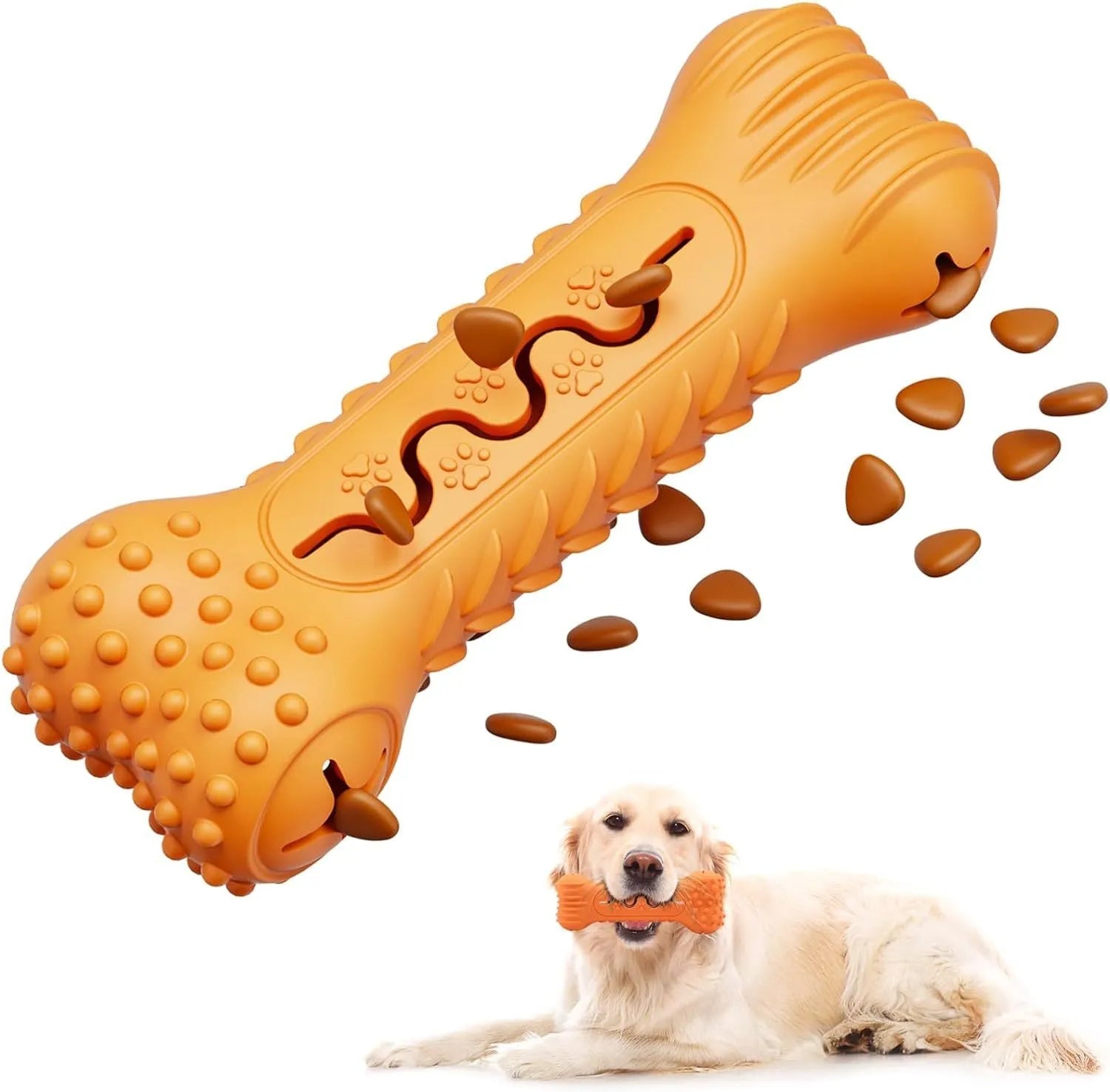 Blue bone-shaped dog chew toy made from natural rubber with textured surface for teeth cleaning