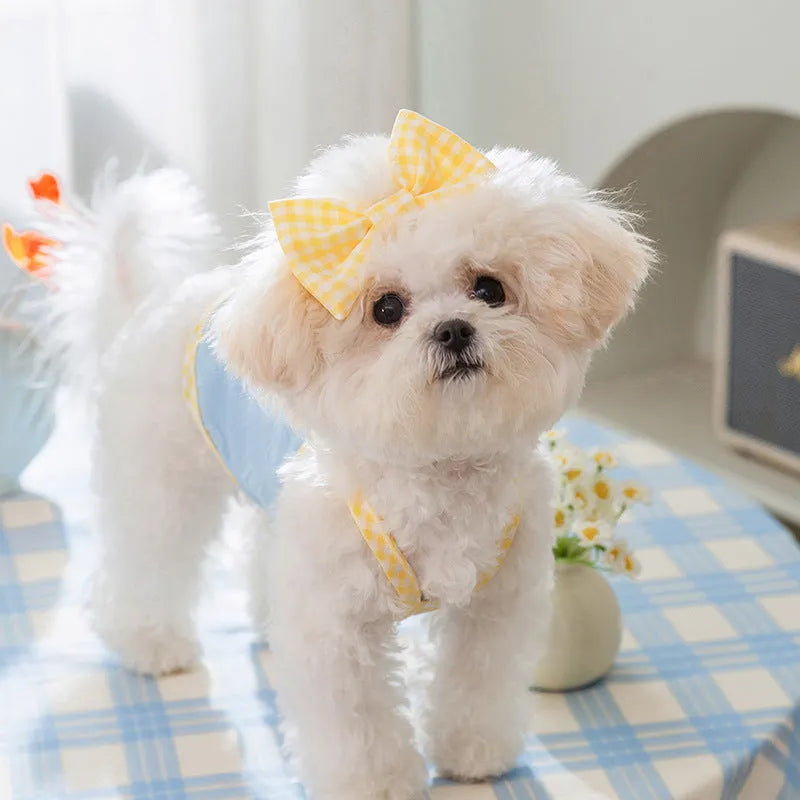 Small dog vest with heart texture and bow suspenders in blue, pink, or yellow with elastic sides