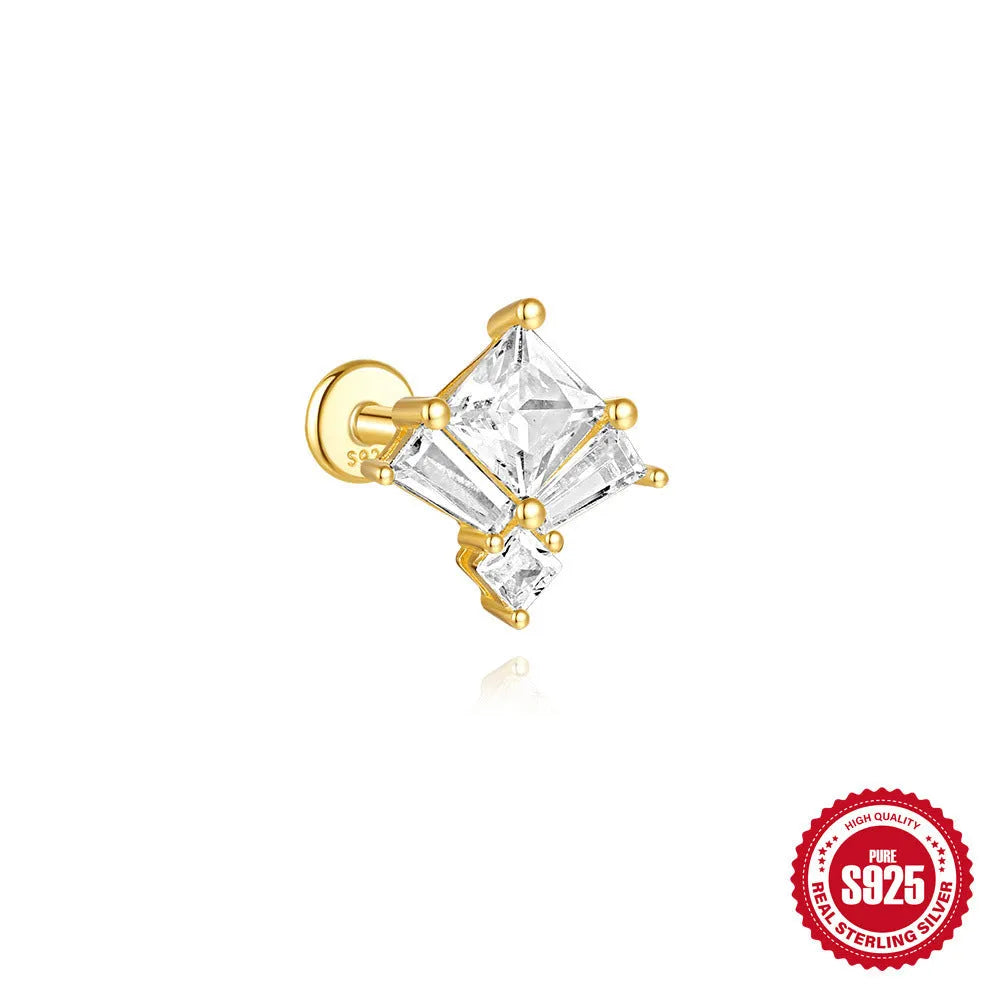 Close-up of a golden double ear piercings chain design stud earring made from S925 sterling silver with inlaid zircon stone.