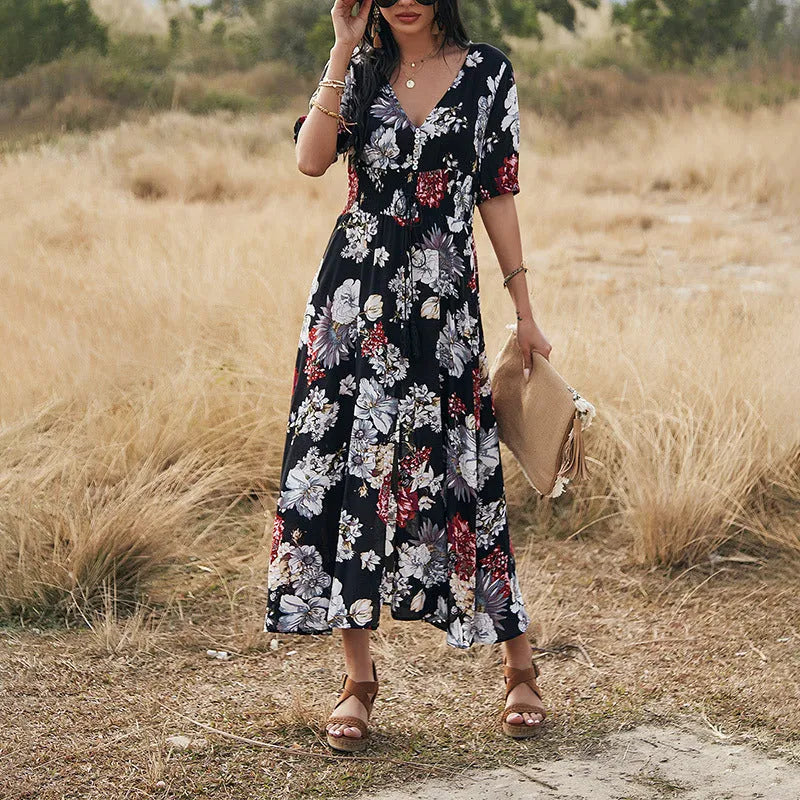 Floral print summer dress with V-neck and elastic high waist in yellow colour