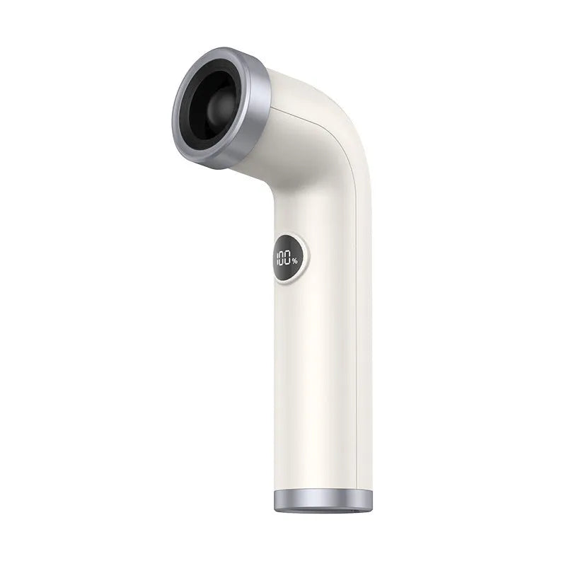 Bladeless handheld fan in apricot colour with USB charging port and turbine airflow design