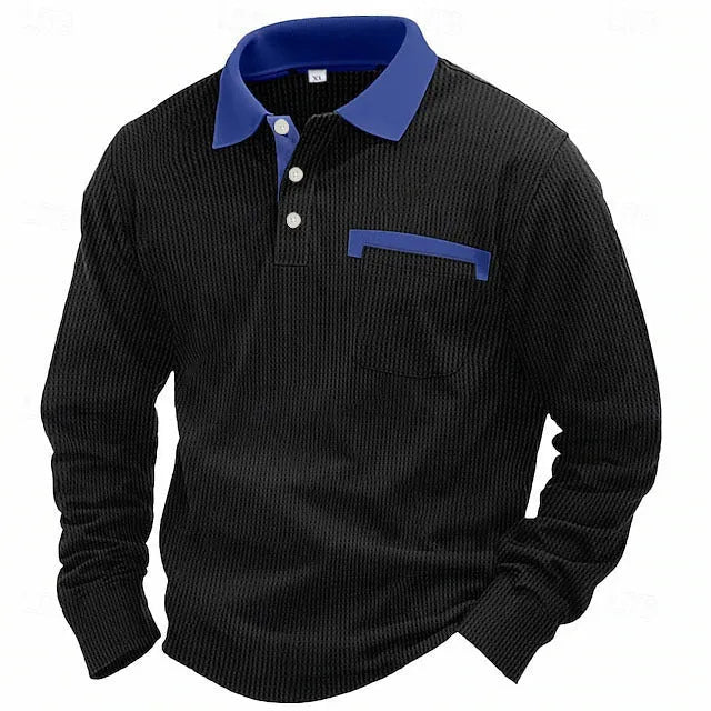 Man wearing a long-sleeve waffle-texture polo shirt in a loose retro fit, showing asymmetric design detail.