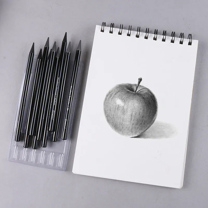 Carbonized Pencil Suit set showing graphite and carbonized pencils with wooden shells on a suction card.