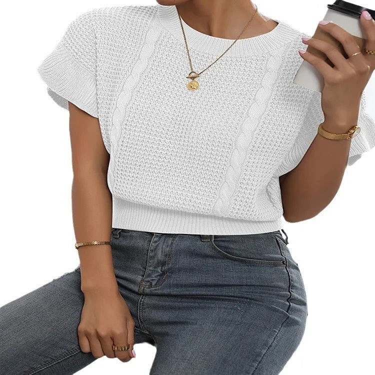 White knitted pullover sweater with ruffled short sleeves and twisted string 3D pattern texture