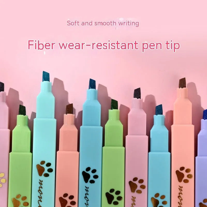 Cat's Paw themed box containing six fluorescent marking pens with oblique nibs in assorted colours