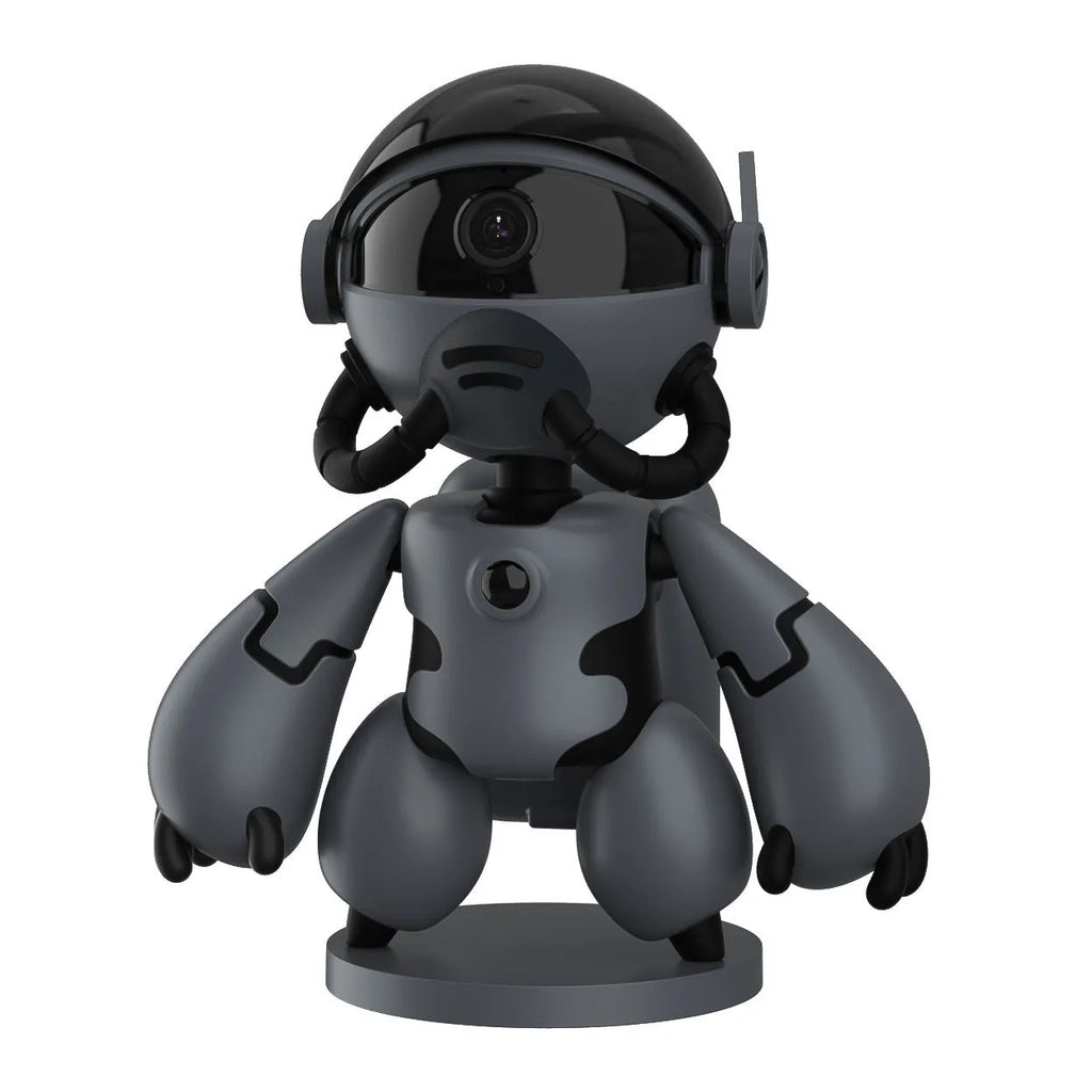 White or black wireless indoor security camera with a detachable base, shown on a shelf for home monitoring.