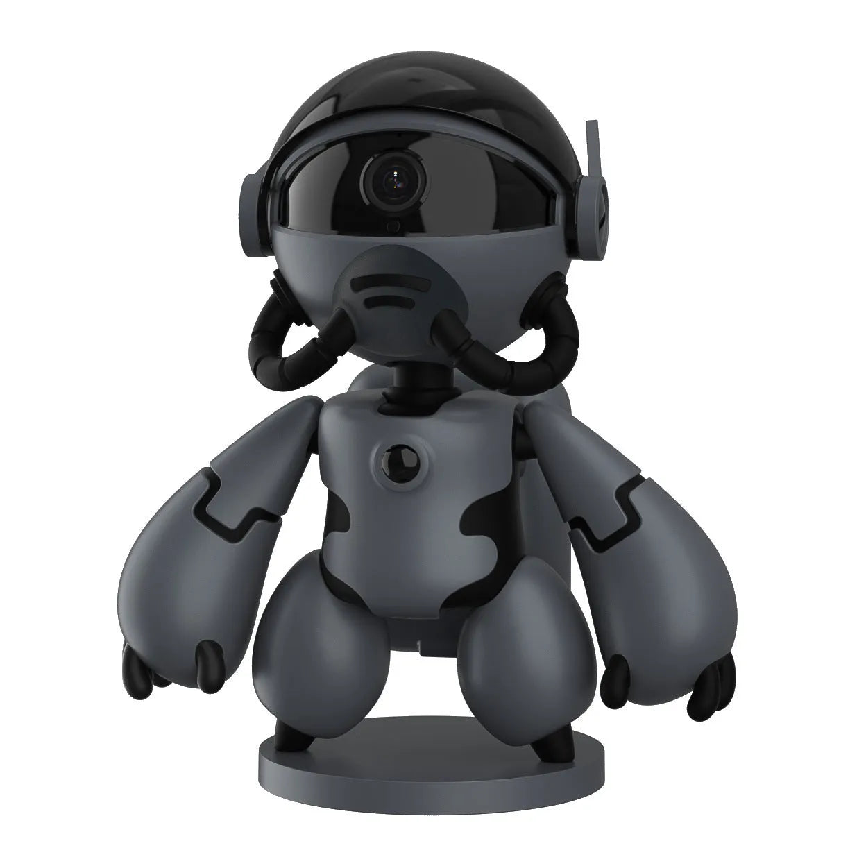 White or black wireless indoor security camera with a detachable base, shown on a shelf for home monitoring.