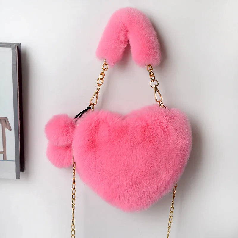 Soft plush heart-shaped women's handbag with zipper closure in various colours
