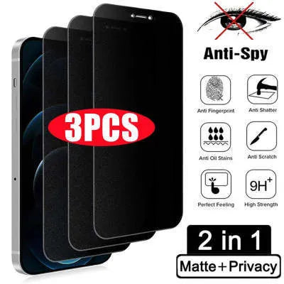 iPhone anti-peeping tempered glass screen protector showing full-screen coverage on a mobile phone.
