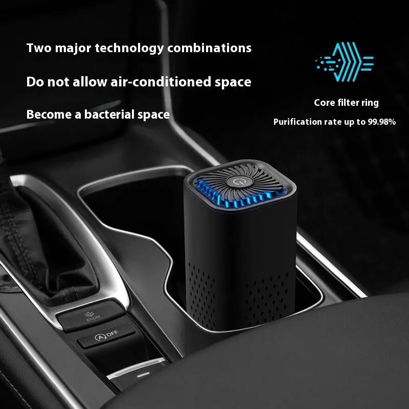 Black and white mini USB air purifier for car and home use with HEPA filter.