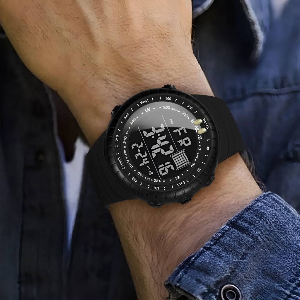 Black men's waterproof outdoor electronic watch with large dial and plastic case