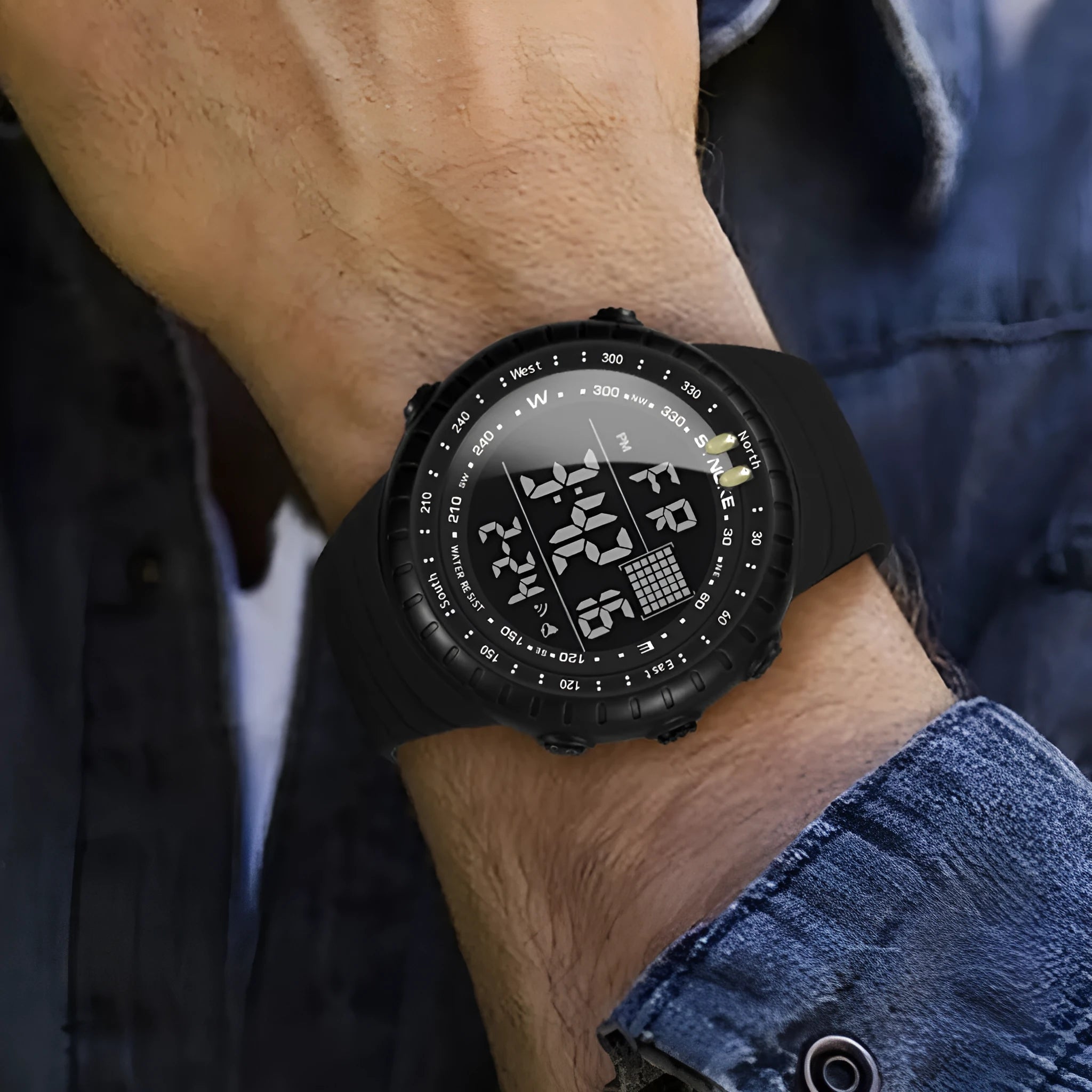 Black men's waterproof outdoor electronic watch with large dial and plastic case