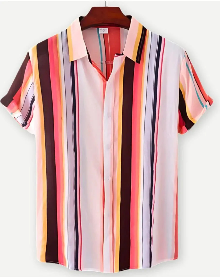 Man wearing a short sleeve Hawaiian floral print shirt with a lapel neckline, showcasing the digital print pattern.