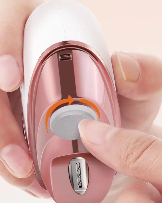 Blue electric nail clipper and polish tool two-in-one with USB-C charging cable
