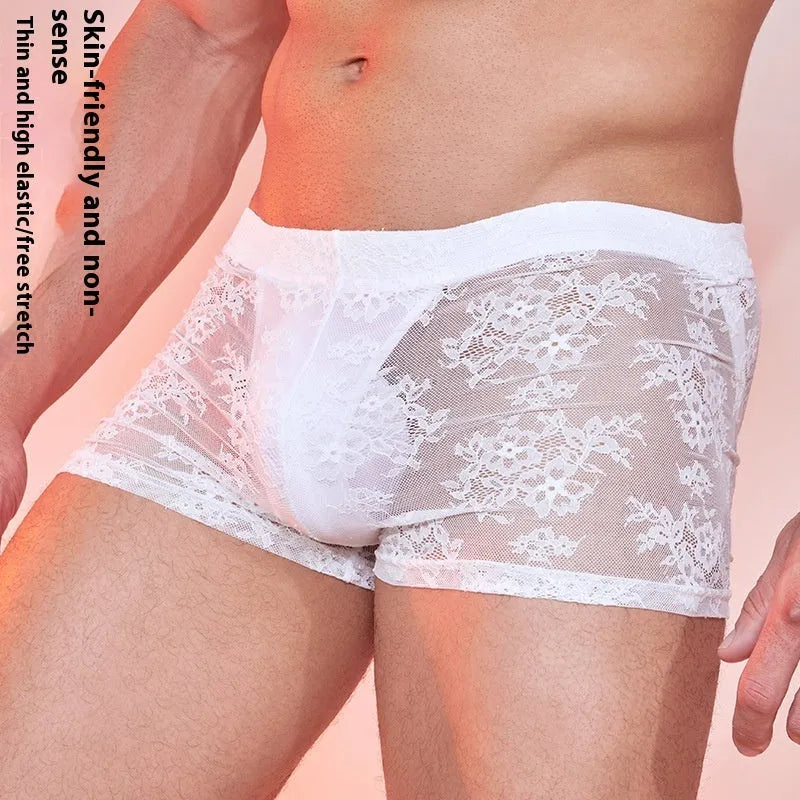 Men's black nylon boxers with a lace design detail on a free size mannequin.