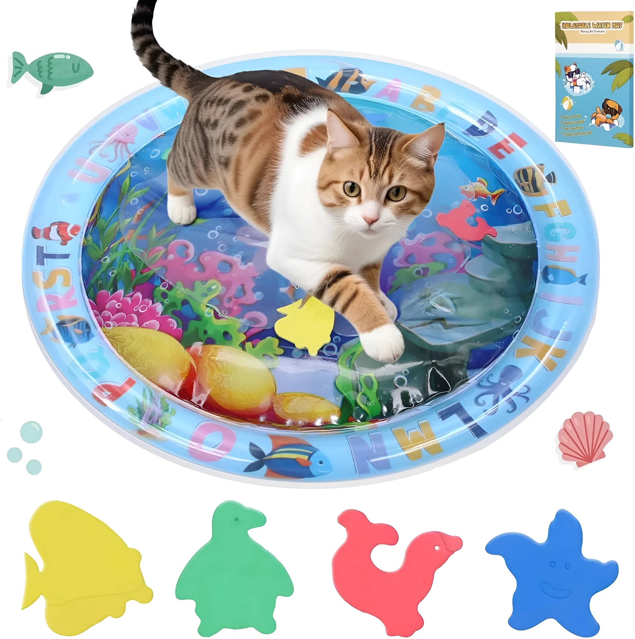 Large square blue water sensory playmat for cats on a floor, showing floating fish toys inside.