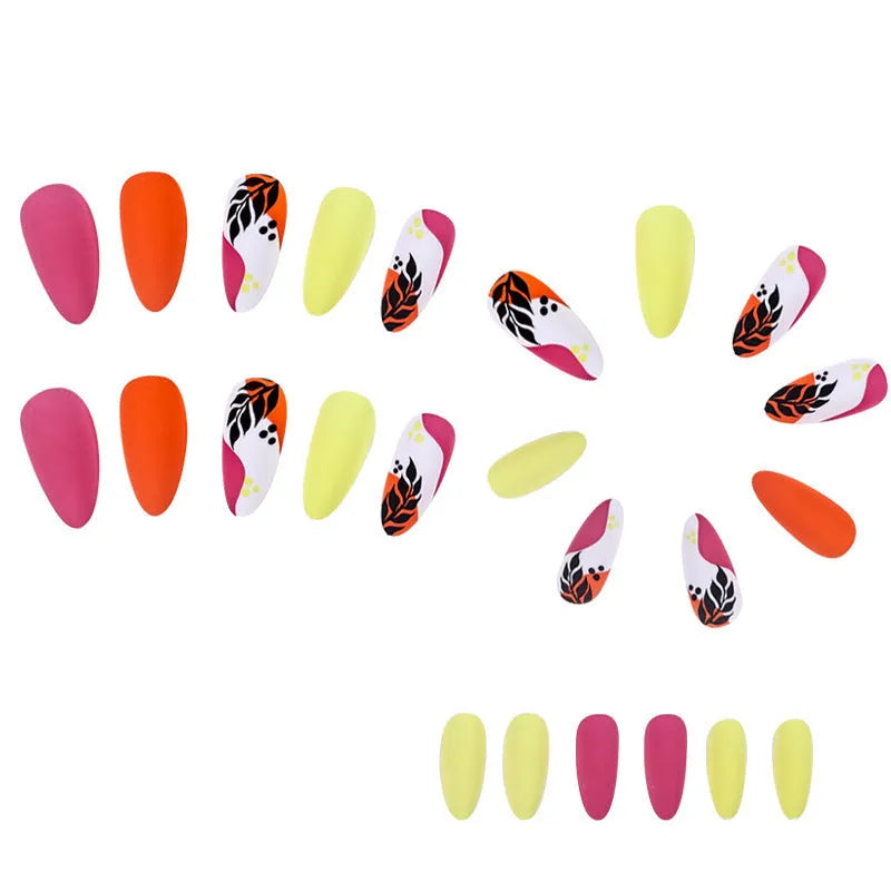Four boxes of almond-shaped frosted nail stickers showing French leaves, leopard print, macaron and plating designs with tulip pattern