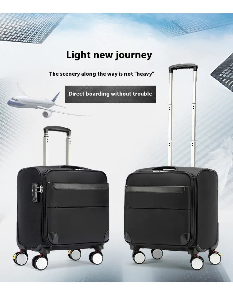 Black 18-inch Oxford cloth boarding suitcase with universal wheels and retractable handle