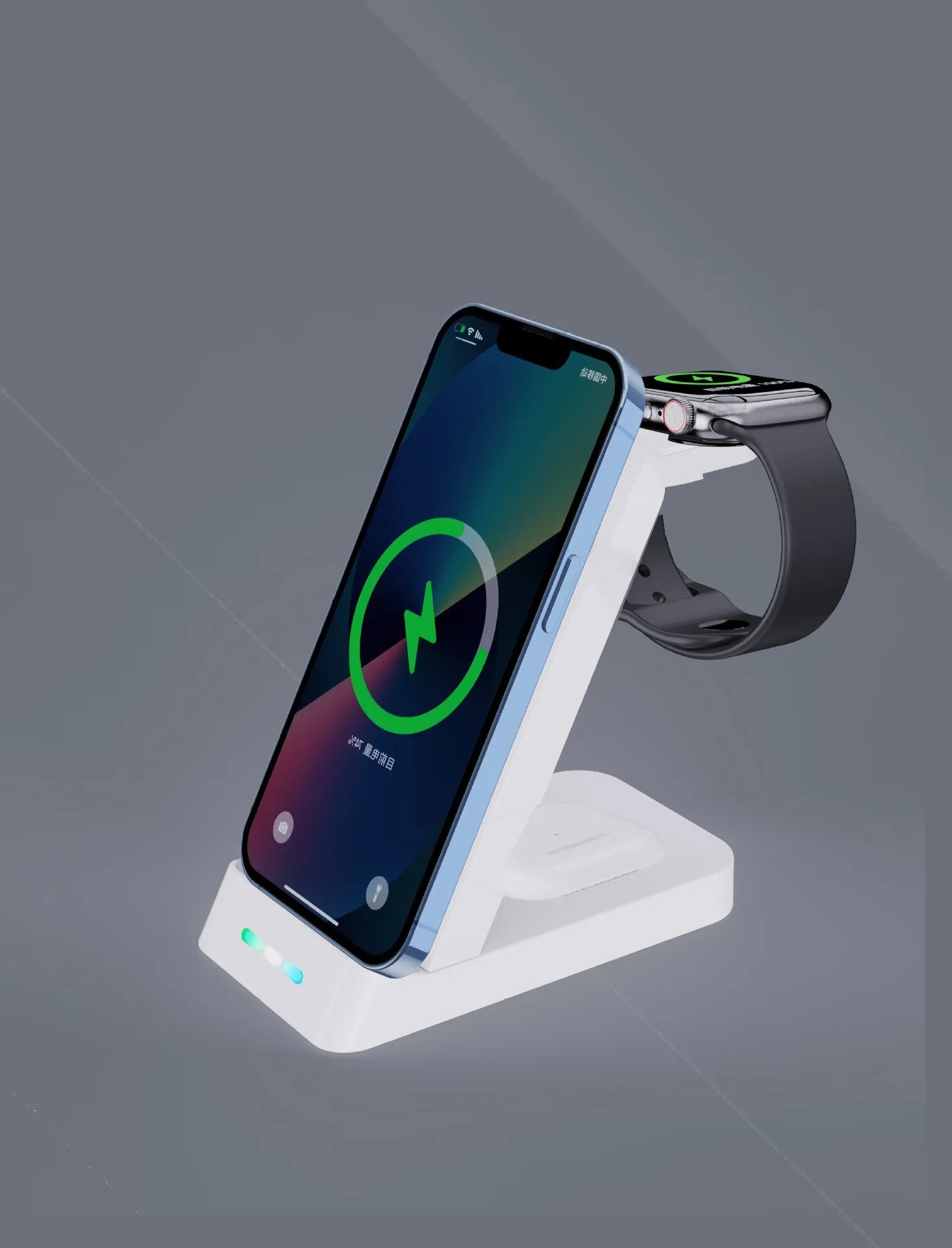 Black 3-in-1 wireless charging station with phone standing vertically in portrait orientation