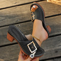 Women's black summer slippers with chunky heel and metal buckle, round toe retro design