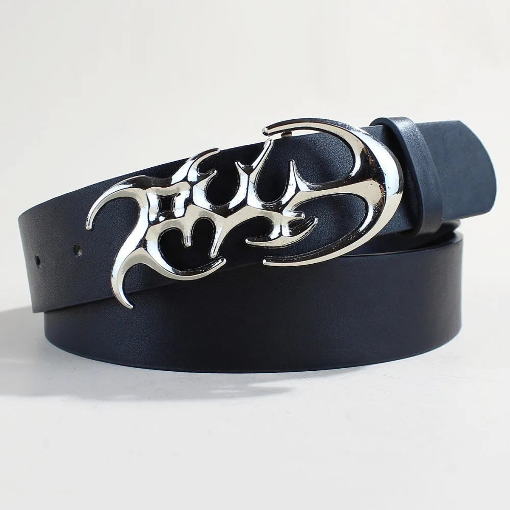 Men's casual PU leather belt with silver alloy buckle showing 3.3cm width and snap-button fastening