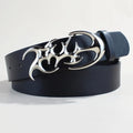 Men's casual PU leather belt with silver alloy buckle showing 3.3cm width and snap-button fastening