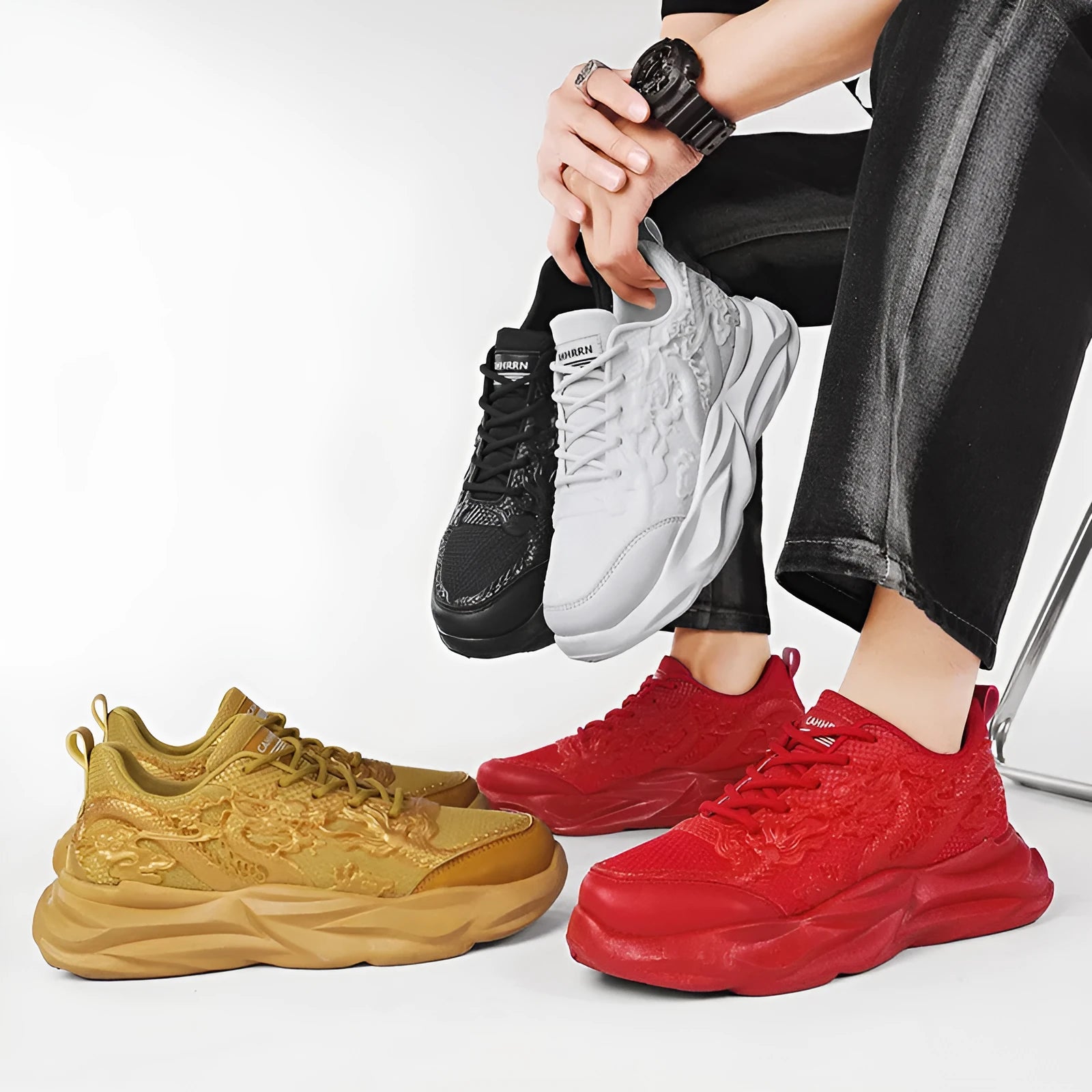 Chinese Loong casual sneakers with dragon print design on a breathable fly knit upper and rubber sole.