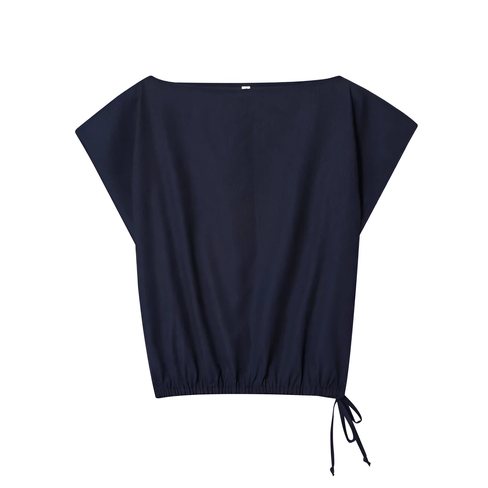 Women's linen blend two-piece set showing off-neck blouse with flounced sleeves and wide leg trousers