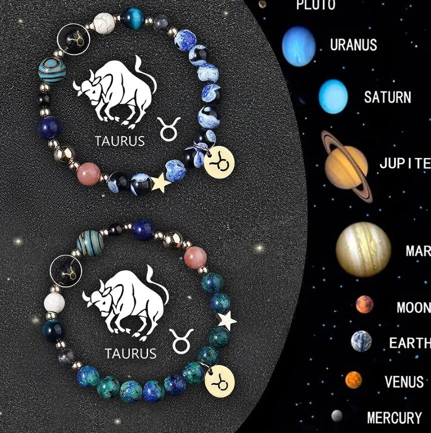 Natural stone zodiac bracelet set showing twelve astrology sign designs with mineral bead construction