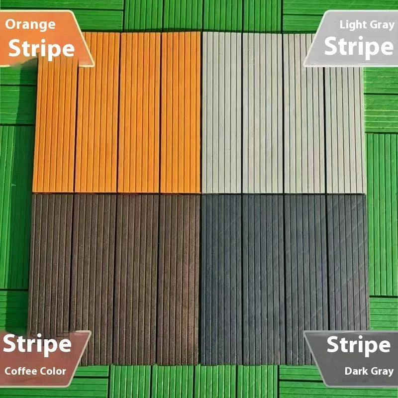 Pack of ten wood grain plastic interlocking floor tiles showing splicing edges.
