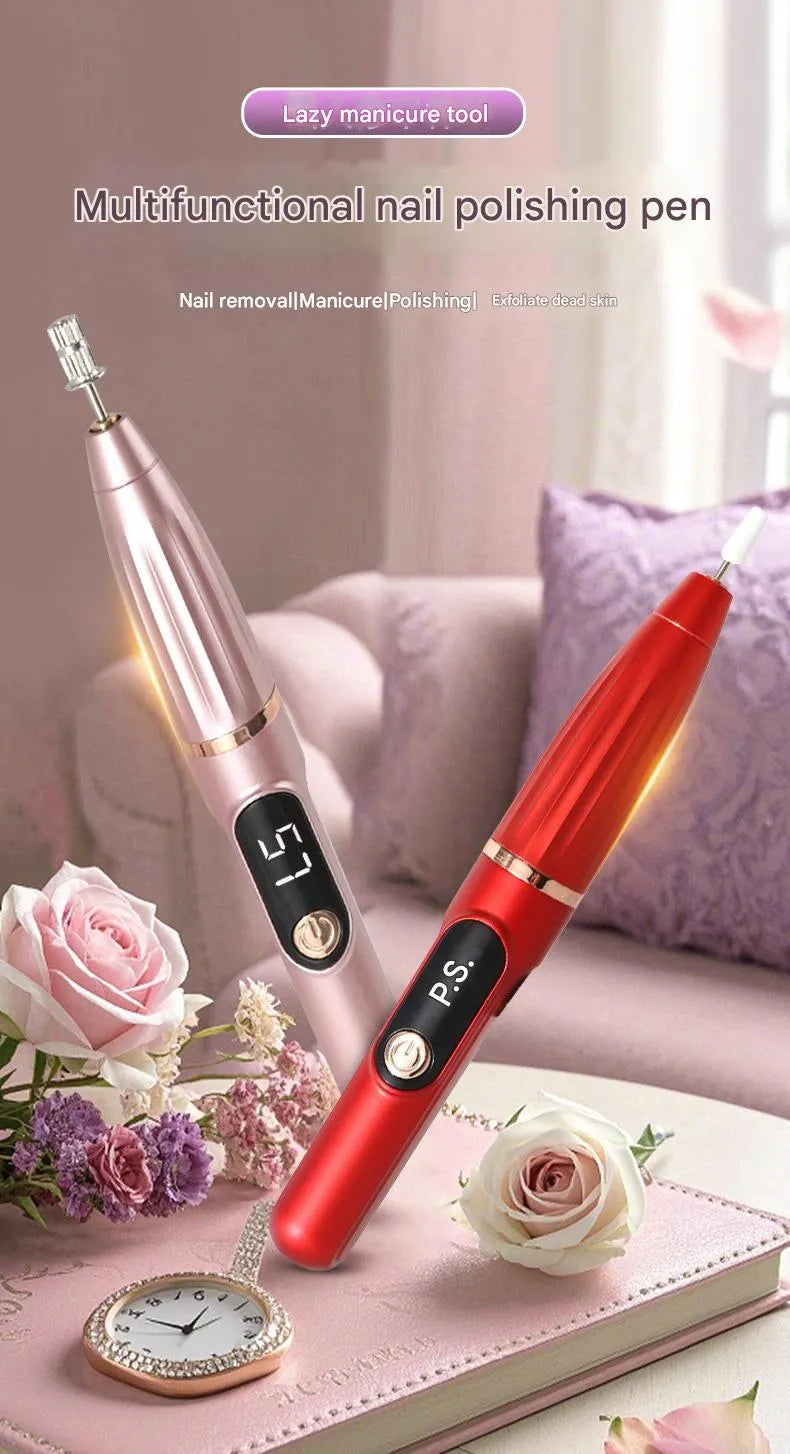 Compact electric nail file with LCD display, USB charging cable, and three spare sanding bands