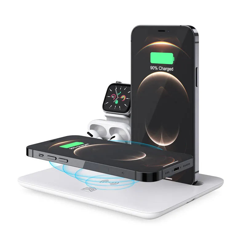 Wireless charging station for phone, watch and headphones on desktop in black finish
