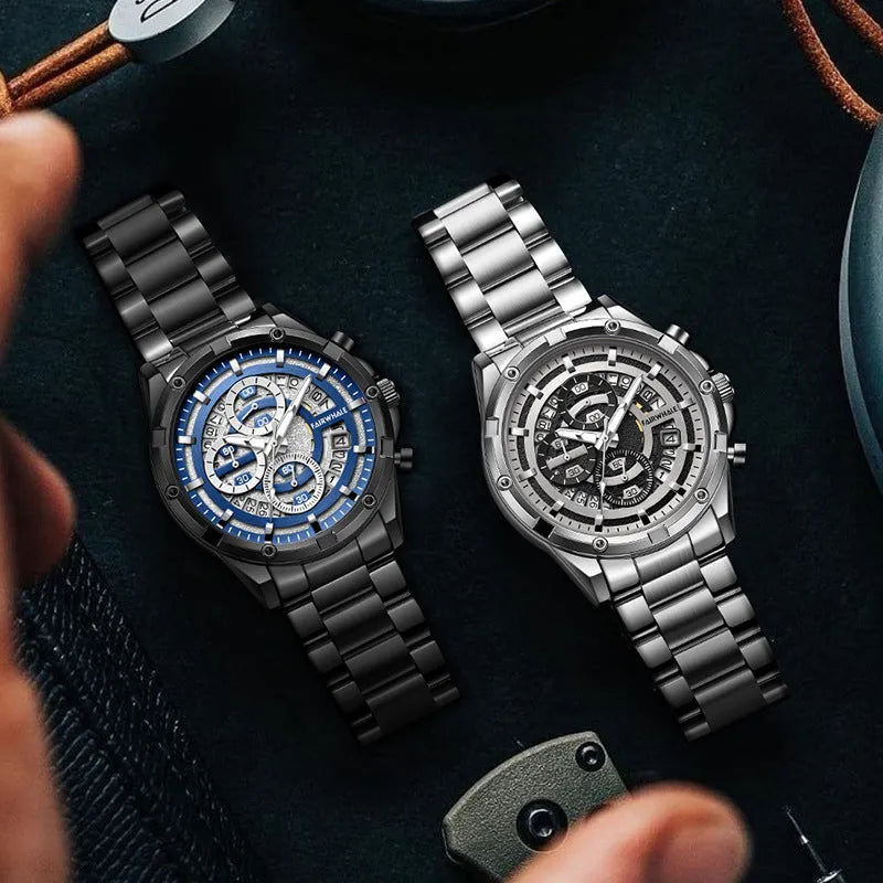 Men's waterproof luminous quartz watch with steel bracelet in black and blue, black and gold, or silver and white colour options