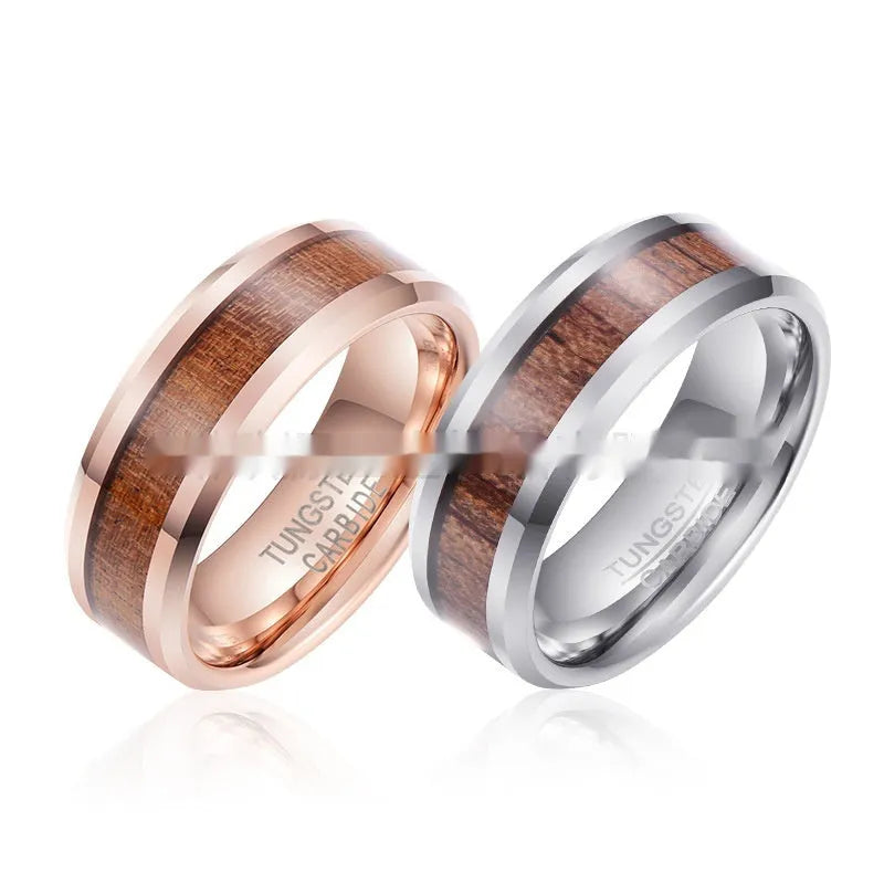 8mm wide tungsten ring with textured wood and leather finish in Ugyen design