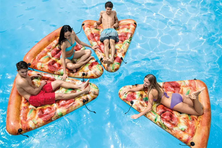 Pizza float surfboard inflatable recliner measuring 175cm by 145cm with colourful printed design for water swimming