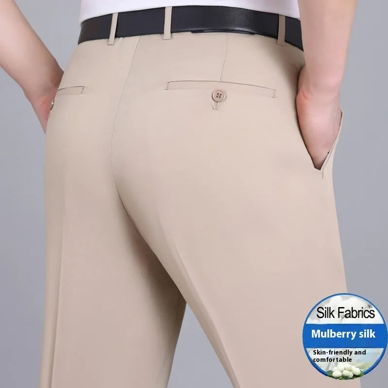 Men's mulberry silk business trousers in straight leg cut with high waist design