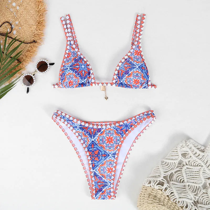 Retro printed women's bikini set in orange, pink, black, or blue colours for swimming sports