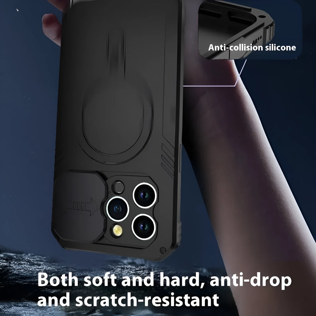 Black metal bracket shockproof phone case for iPhone 15 with aluminium alloy frame and magnetic suction