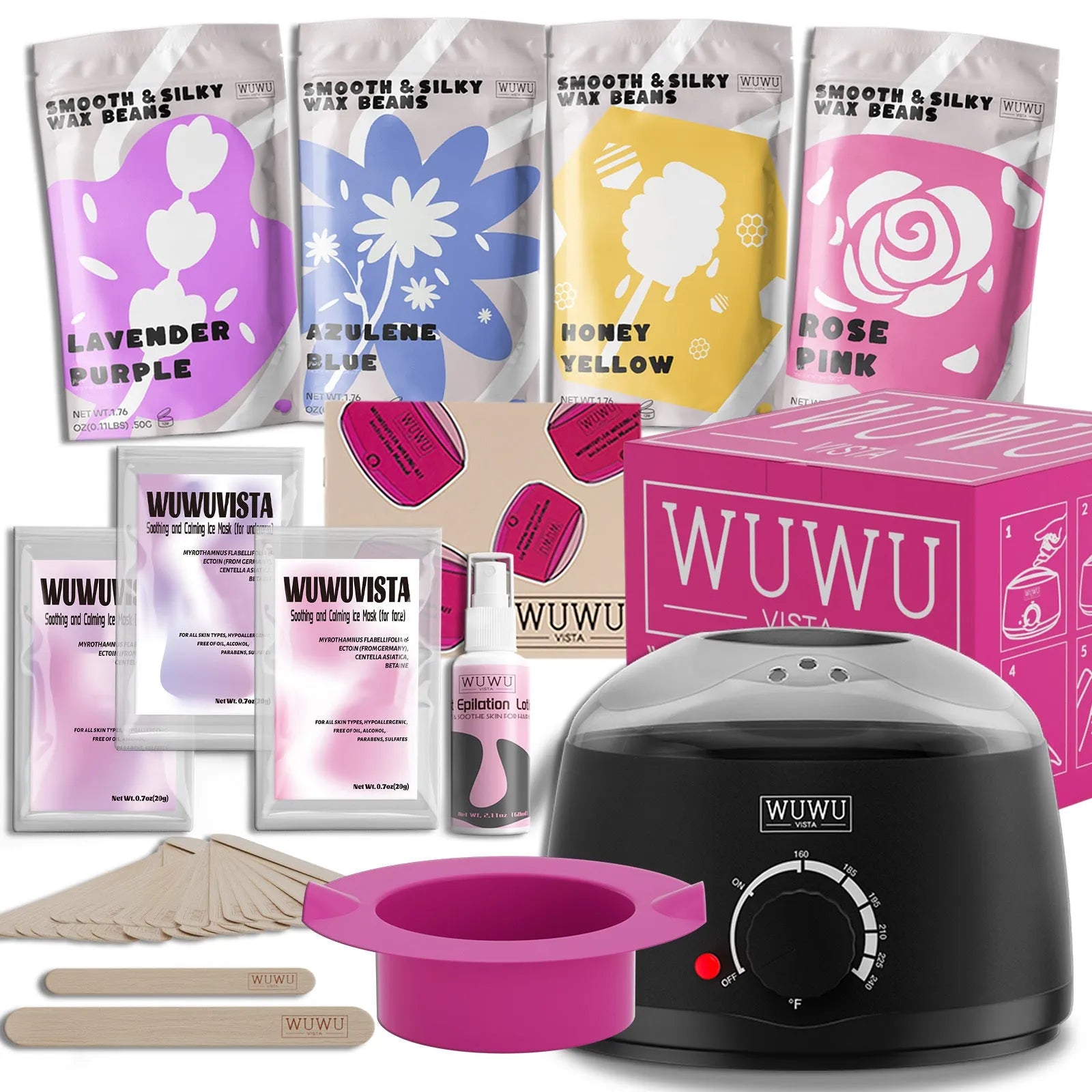 WUWUVISTA 29-piece hard wax hair removal kit with black warmer, wax beads, sticks, and aftercare products