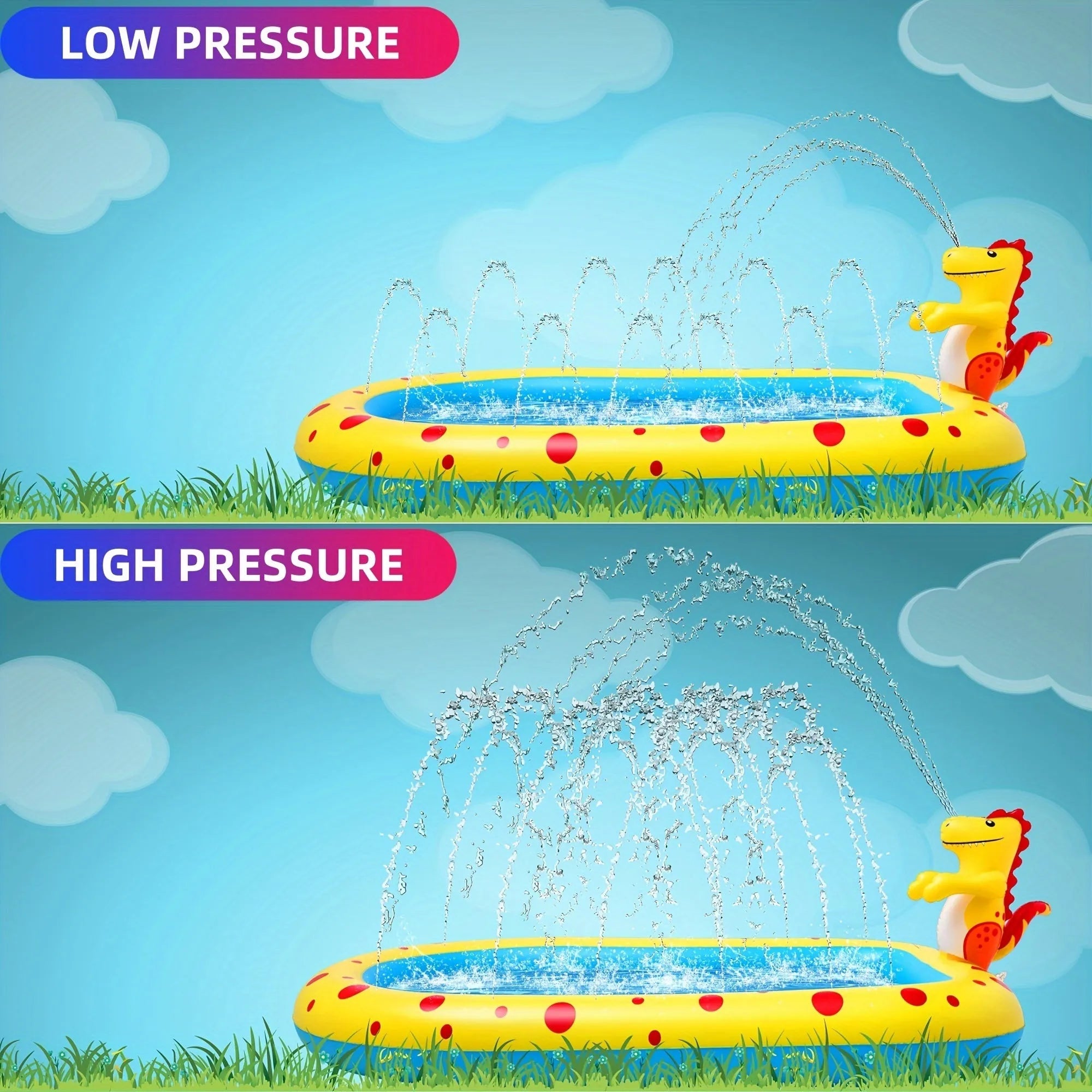 Blue dinosaur water spray pool play mat for kids measuring 170cm with water spray feature