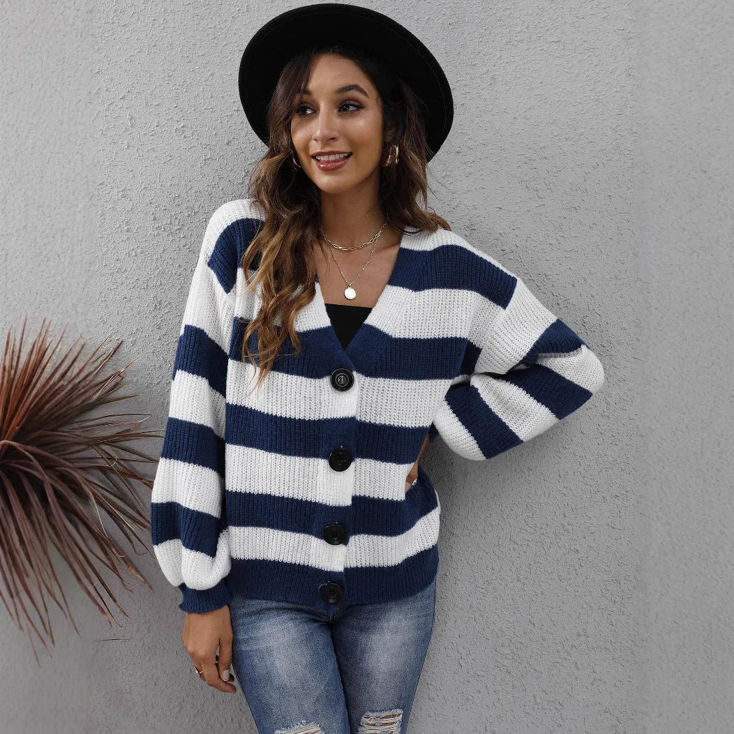 Women's striped cardigan sweater in deer plush fabric with button stitching detail