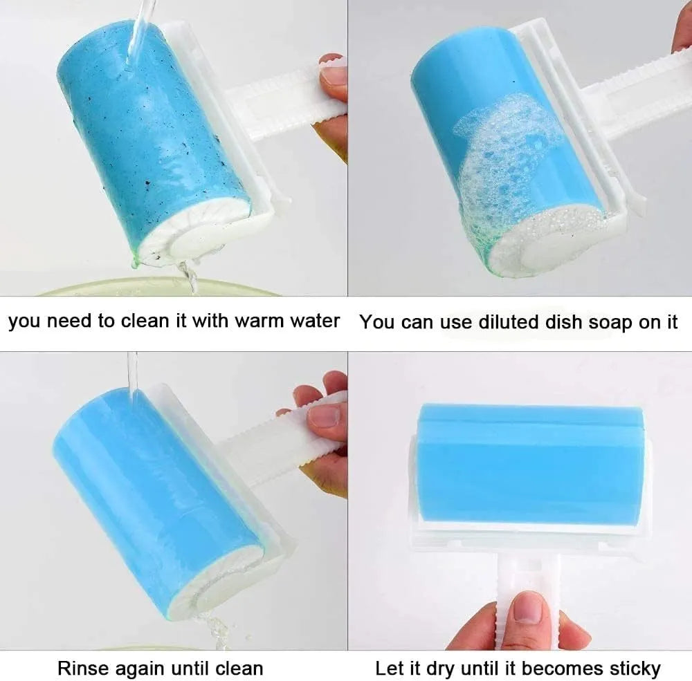 Blue washable reusable lint roller with cover for removing pet hair from clothes.