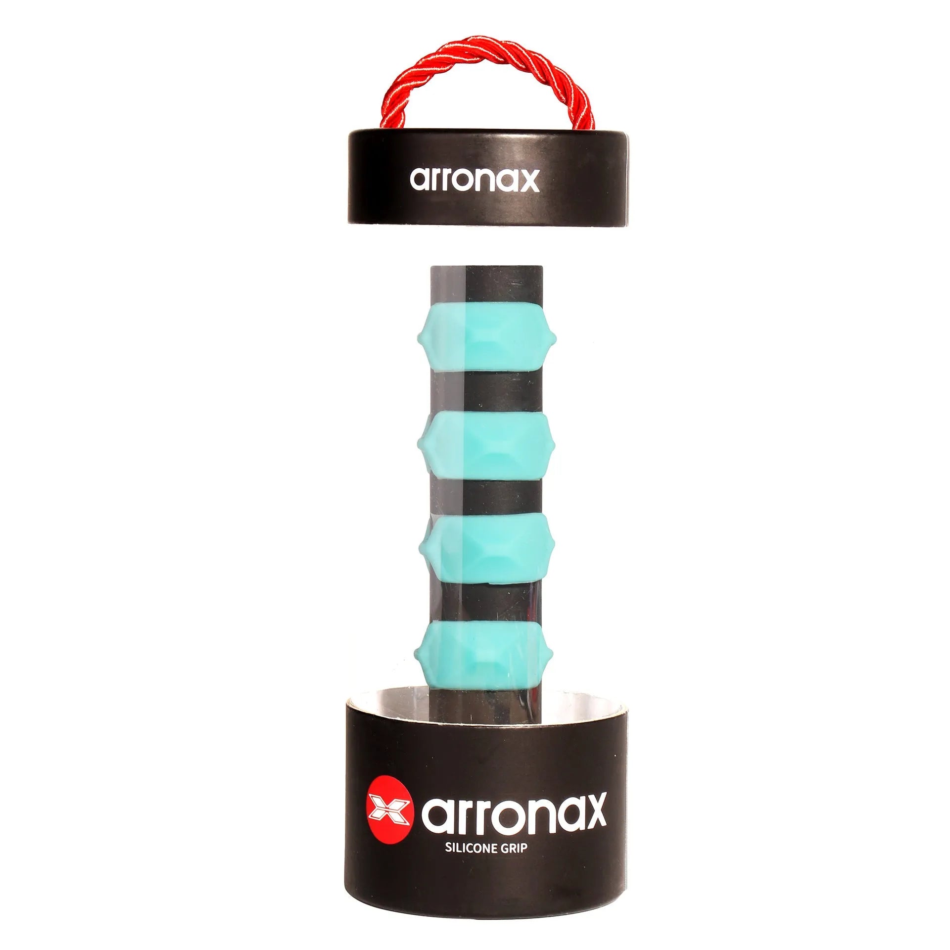 Peak silicone racket hand grip buckle in seven colours on a badminton racket handle.