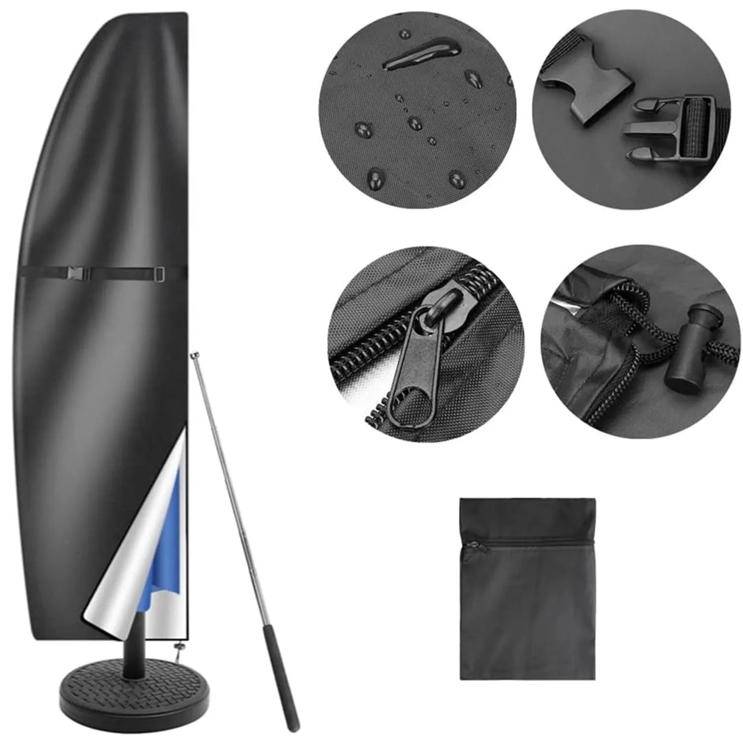 Black or grey Oxford cloth waterproof cover fitted on an outdoor offset banana umbrella