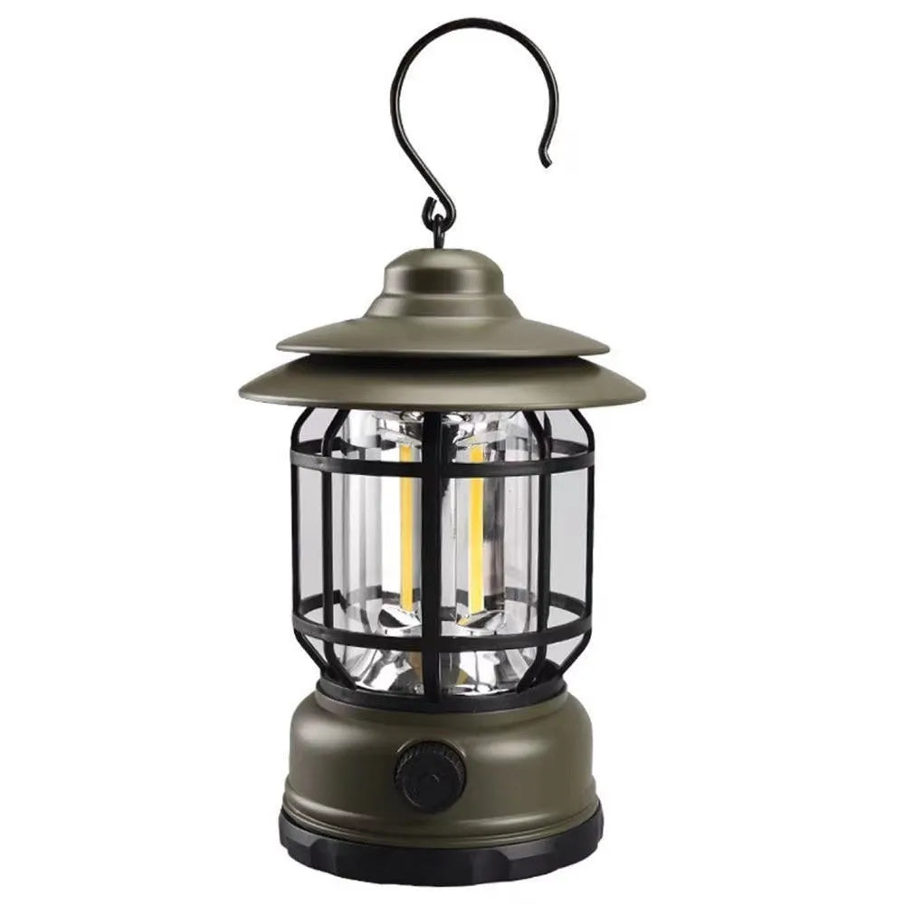 Portable camping lantern in dark green, black or red colours with battery power options