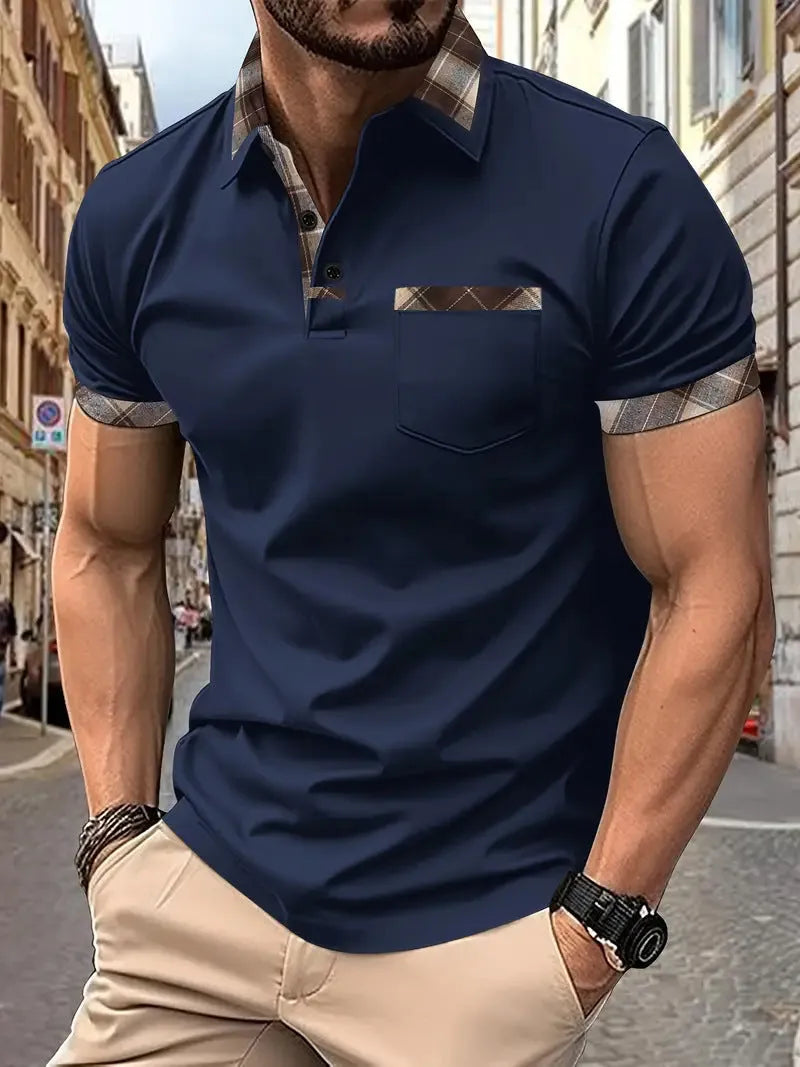 Men's plaid colourblock T-shirt with zip decorations in loose fit style