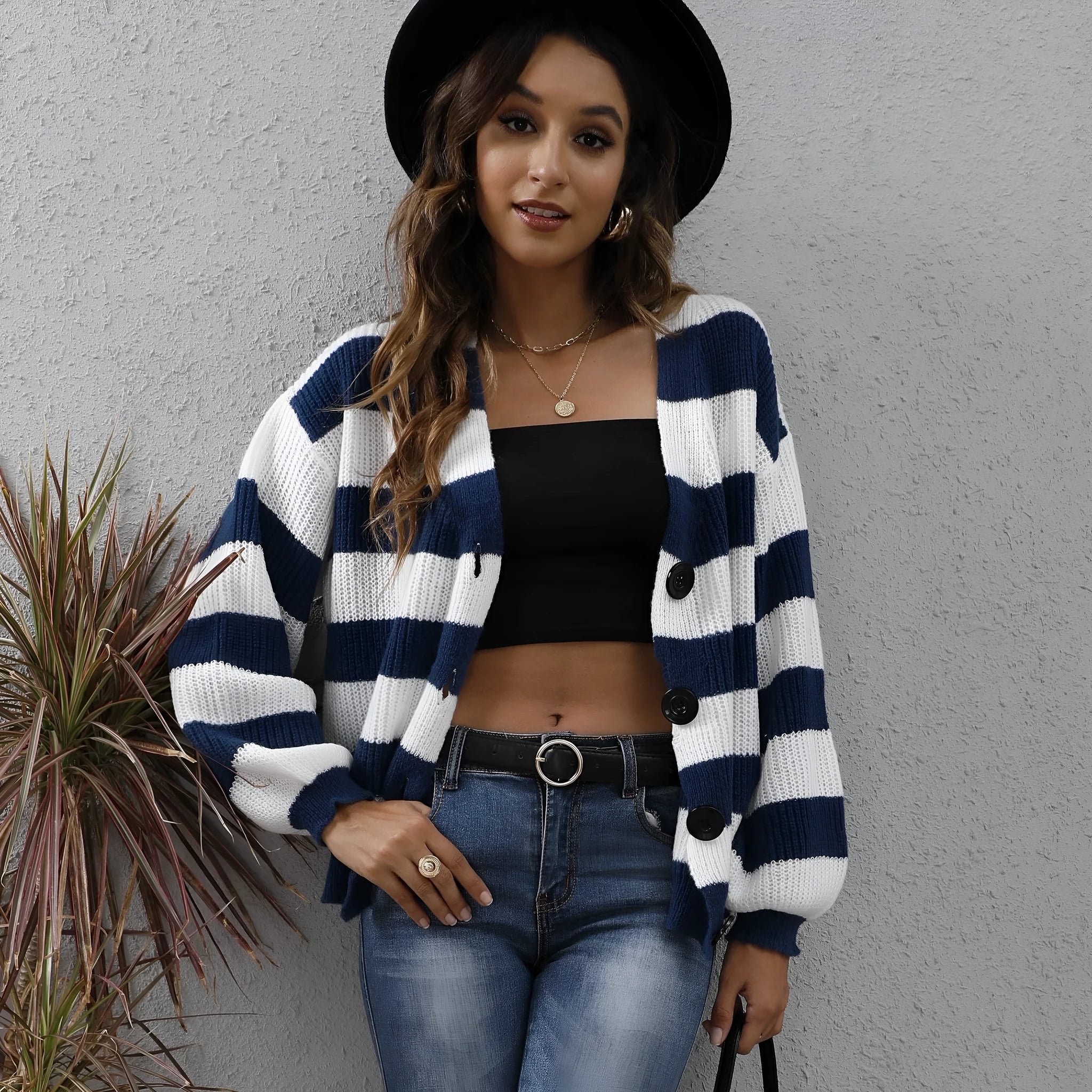 Women's striped cardigan sweater in deer plush fabric with button stitching detail