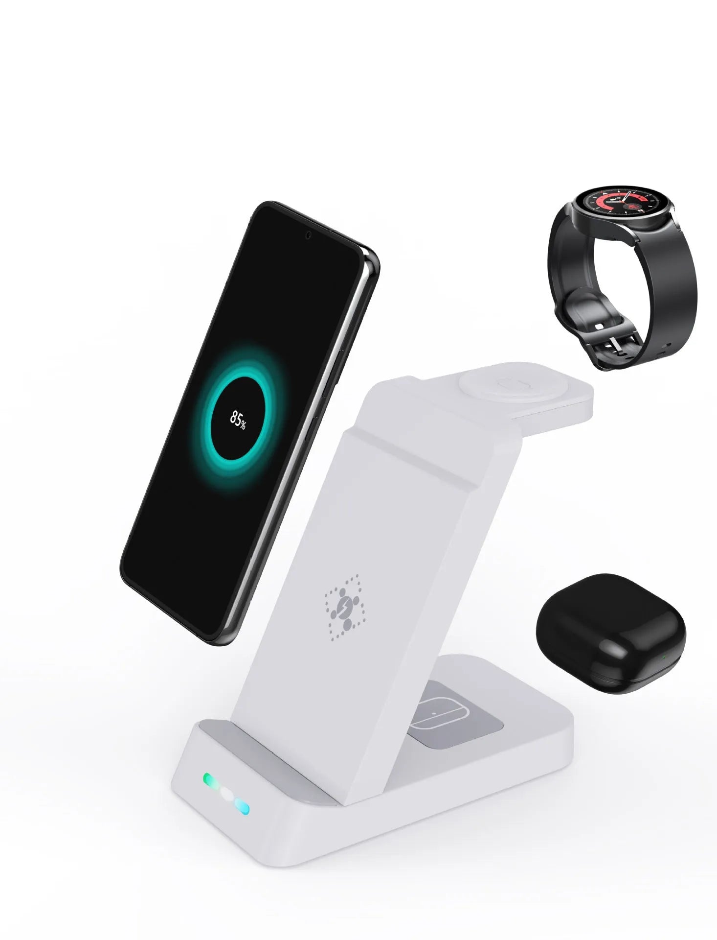 Black 3-in-1 wireless charging station with phone standing vertically in portrait orientation