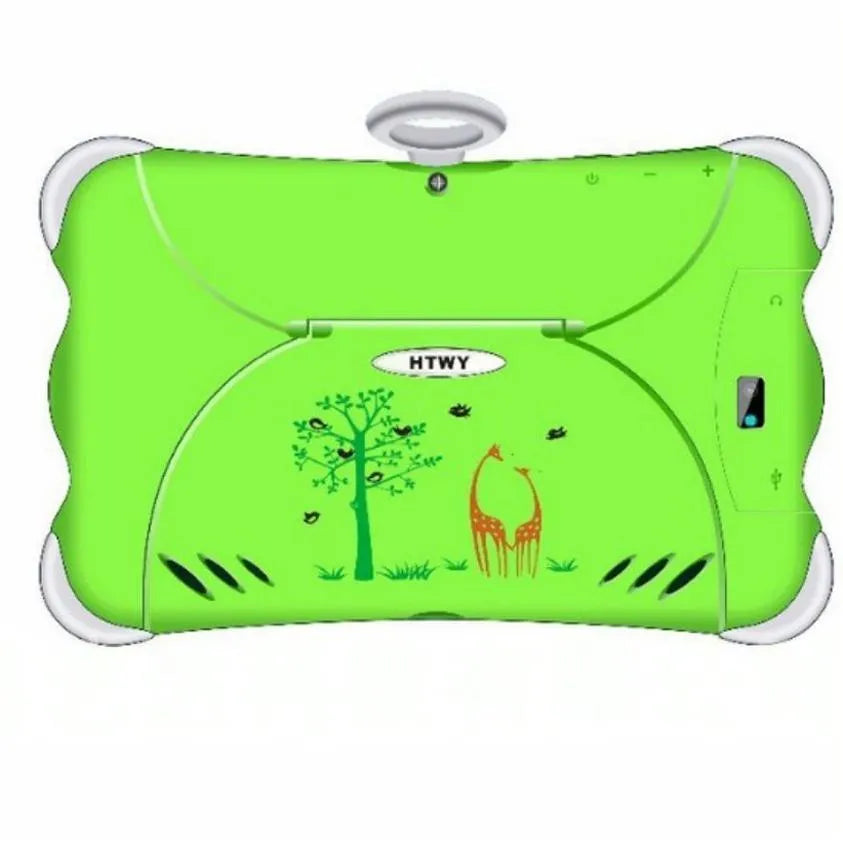 Cartoon-coloured 7-inch children's learning tablet with a flip-out stand on a table