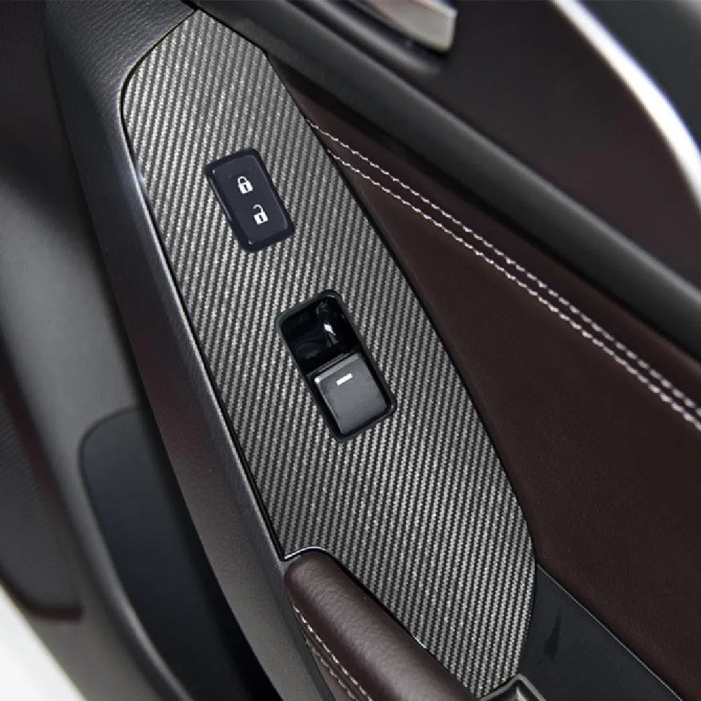 Four TPU protective films for car door control panels on a white background.
